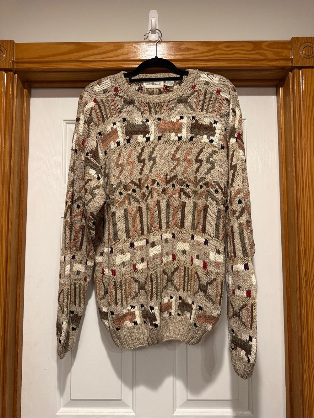 Barry Bricken Neutral Beige Pattern Crewneck Silk Cotton Sweater Mens Large